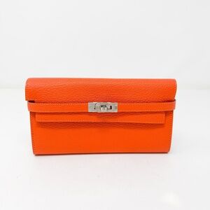 Hermes PHW Chevre Orange Poppy Kelly Longue Wallet